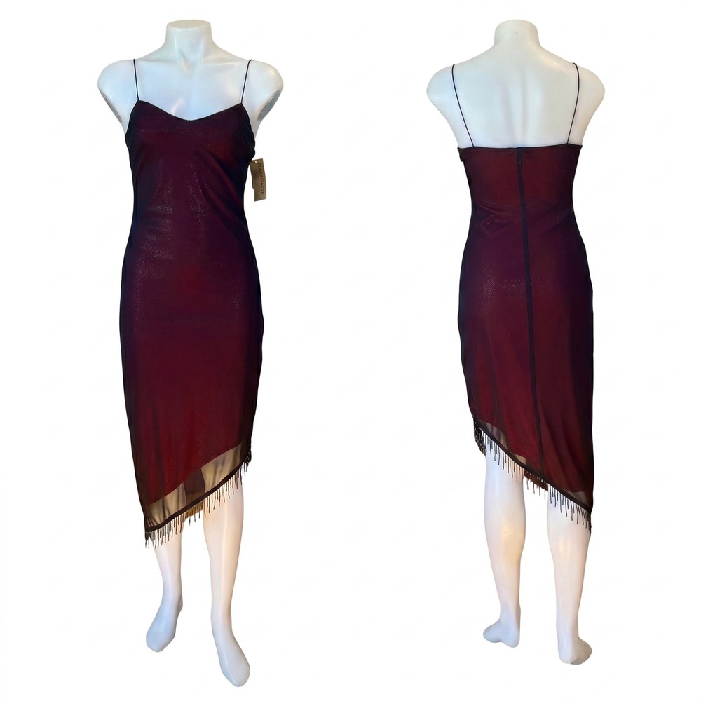 Rampage Vintage Y2K Red Black Glitter Mesh Fringe Asymmetrical Dress Small NWT